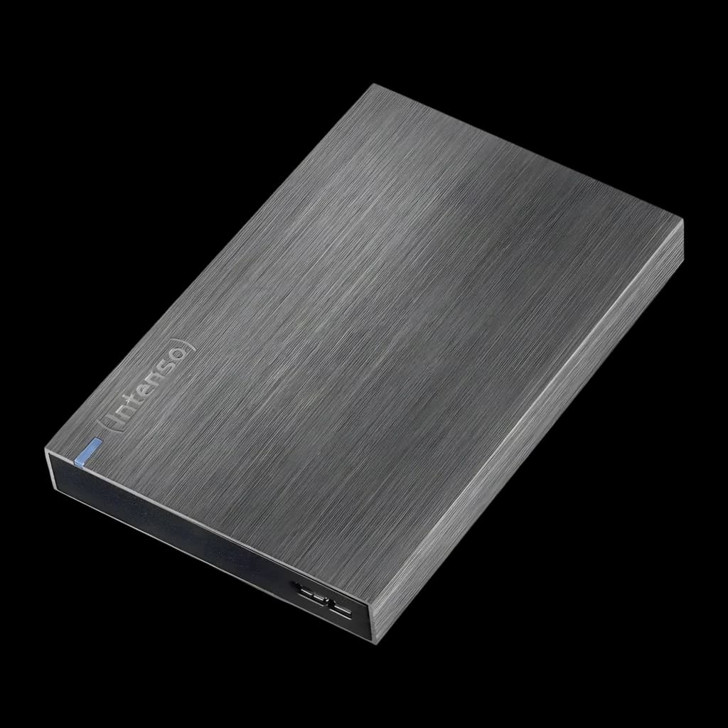 Intenso Memory Board 2TB gris, vue en perspective: boîtier métallique brossé, logo gravé et port USB visible