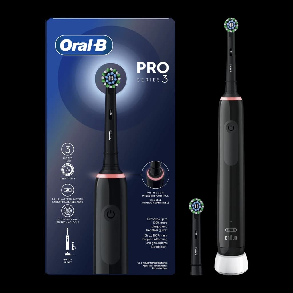 Oral-B Pro 3 3000 CrossAction negro, vista conjunto: cepillo eléctrico negro con caja y cabezal de repuesto