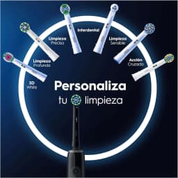 Oral-B Pro 3 3000 CrossAction negro, infografía: mango negro con 6 cabezales compatibles en círculo luminoso
