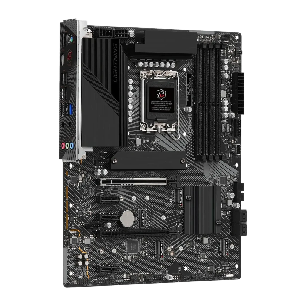 ASRock Z790 PG Lightning 256GB noir, vue de face: carte mère ATX et boîte Phantom Gaming avec logo illuminé - Ítem3