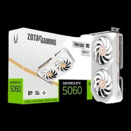 ZOTAC GeForce RTX 5060 Twin Edge OC 8GB Blanche, vue principale: carte et boîte, deux ventilateurs, finition blanche