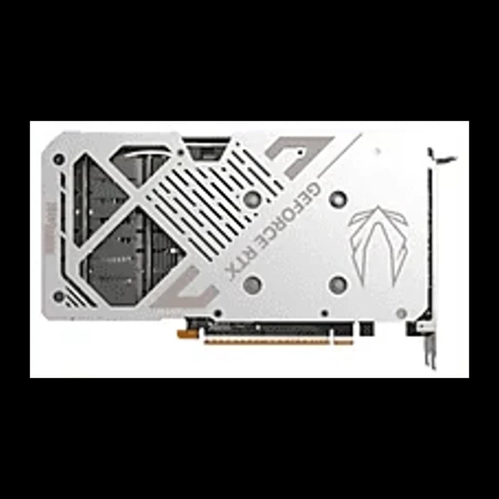 ZOTAC GeForce RTX 5060 Twin Edge OC 8GB Blanche, vue arrière: backplate blanc avec grilles, logo GeForce RTX et connecteur