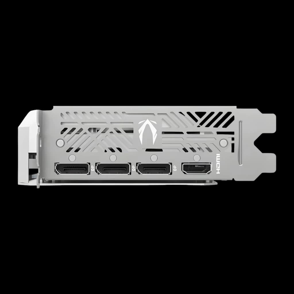 ZOTAC GeForce RTX 5060 Twin Edge OC 8GB Blanche, équerre: 3 ports DisplayPort et 1 HDMI sur plaque blanche avec logo ZOTAC