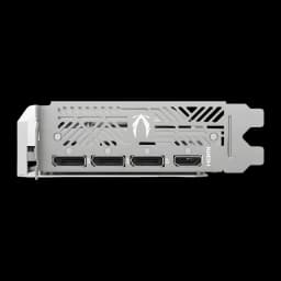 ZOTAC GeForce RTX 5060 Twin Edge OC 8GB Blanche, équerre: 3 ports DisplayPort et 1 HDMI sur plaque blanche avec logo ZOTAC