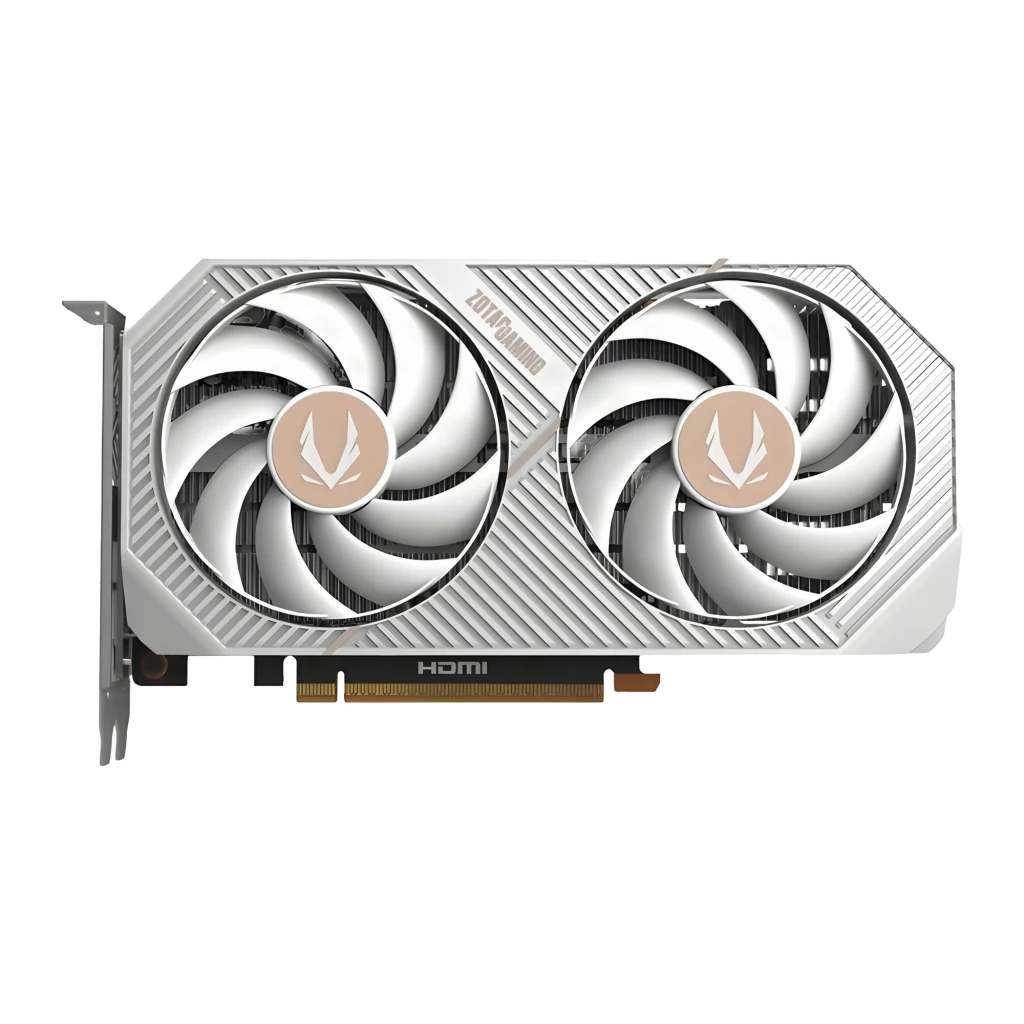 ZOTAC GeForce RTX 5060 Twin Edge OC 8GB Blanche, vue principale: carte et boîte, deux ventilateurs, finition blanche - Ítem6
