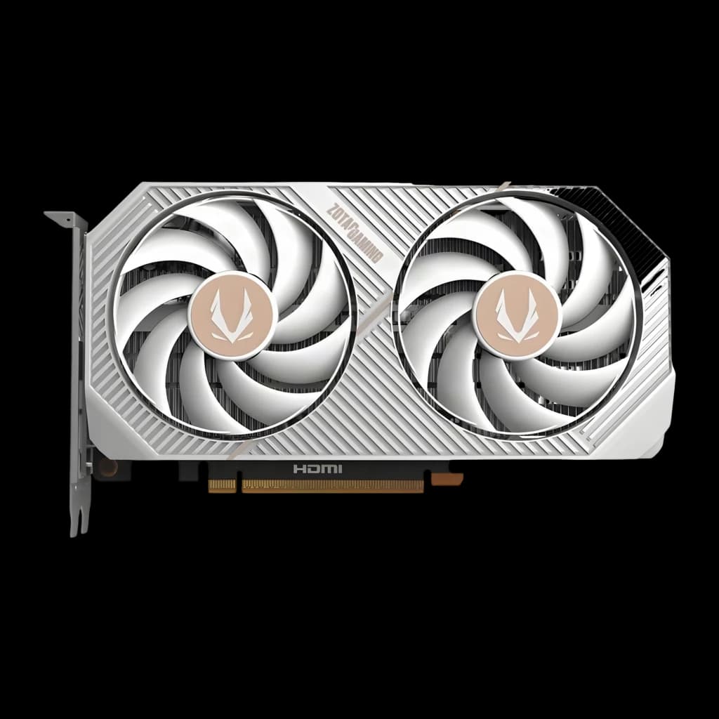 ZOTAC GeForce RTX 5060 Twin Edge OC 8GB Blanche, vue de face: deux ventilateurs blancs avec logo doré et connecteur HDMI