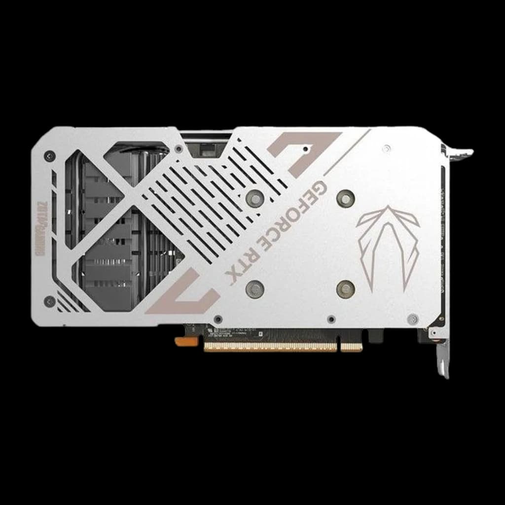 ZOTAC GeForce RTX 5060 Twin Edge OC 8GB blanche, vue arrière: backplate blanc avec logo GeForce RTX gravé et fentes