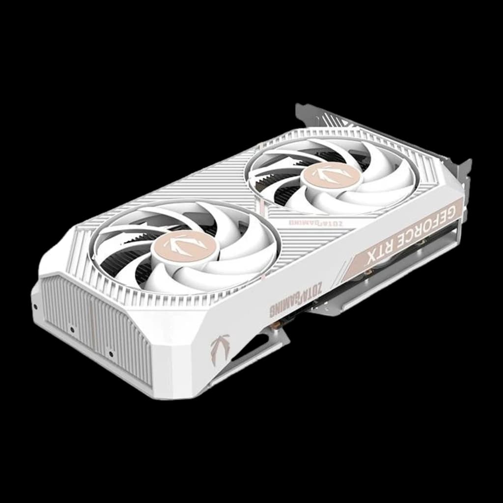 ZOTAC GeForce RTX 5060 Twin Edge OC 8GB blanche, vue supérieure en angle: deux ventilateurs, logo GeForce RTX latéral