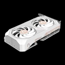 ZOTAC GeForce RTX 5060 Twin Edge OC 8GB blanche, vue supérieure en angle: deux ventilateurs, logo GeForce RTX latéral