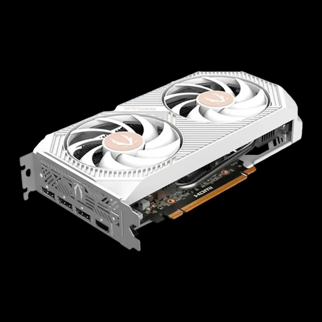 ZOTAC GeForce RTX 5060 Twin Edge OC 8GB blanche, vue avant en angle: deux ventilateurs avec logo doré et ports sur équerre