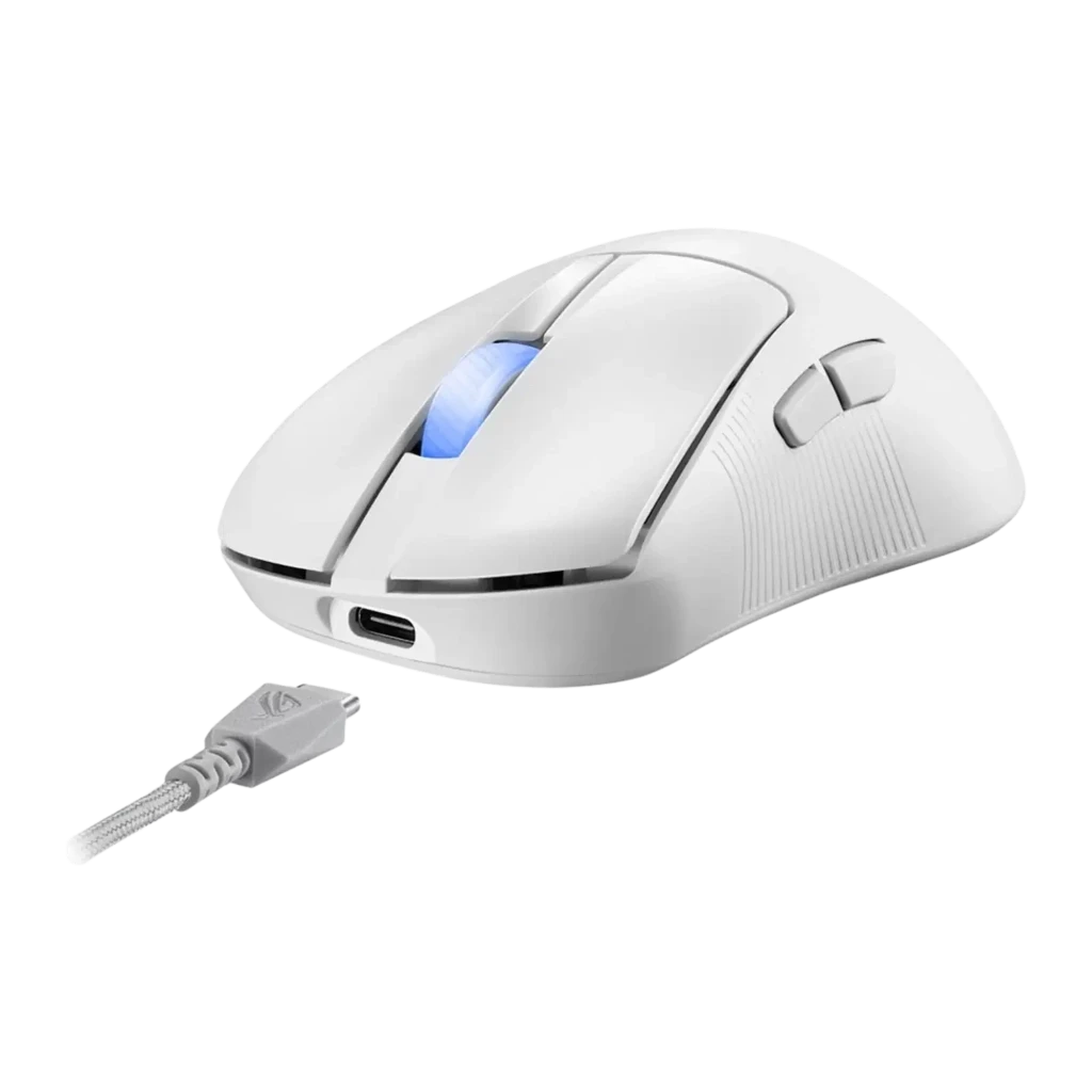 ASUS ROG Keris II Ace Wireless Blanc, vue du dessus: molette éclairée en bleu et logo ROG sur corps blanc - Ítem3