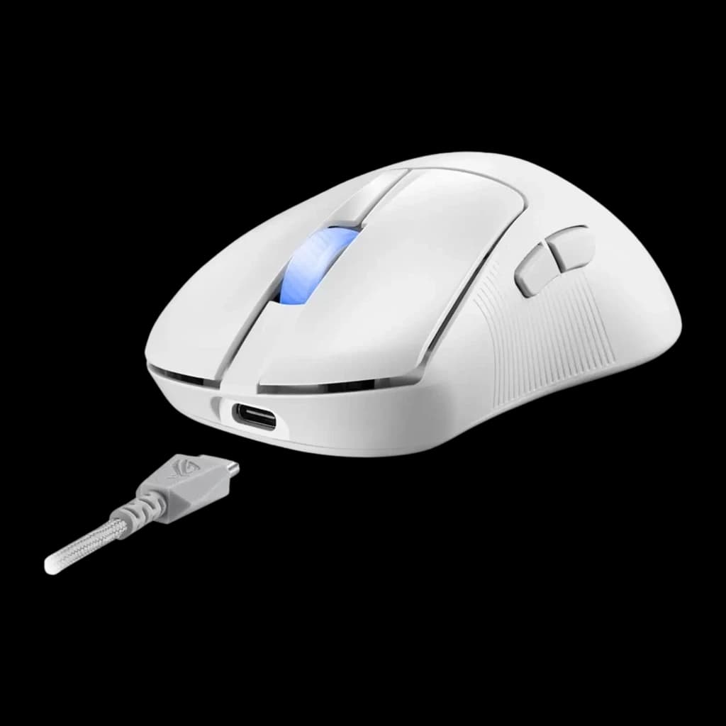 ASUS ROG Keris II Ace Wireless blanc, vue avant avec câble USB-C: angle plus élevé montrant le capot supérieur et le port
