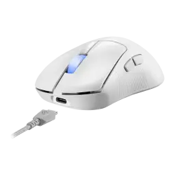 ASUS ROG Keris II Ace Wireless blanc, vue avant avec câble USB-C: angle plus élevé montrant le capot supérieur et le port