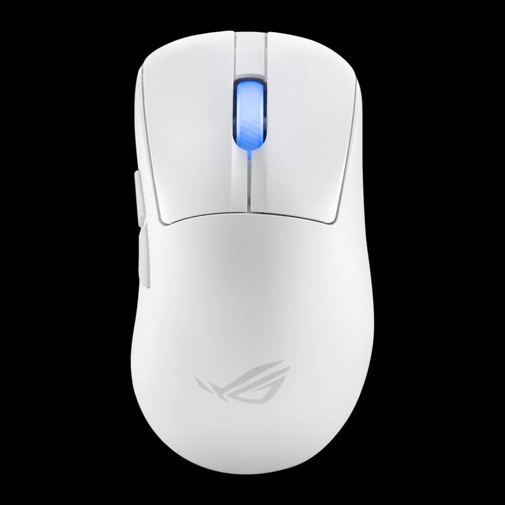 ASUS ROG Keris II Ace Wireless Blanc, vue du dessus: molette éclairée en bleu et logo ROG sur corps blanc