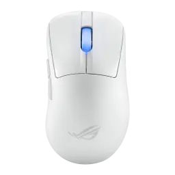 ASUS ROG Keris II Ace Wireless Blanc, vue du dessus: molette éclairée en bleu et logo ROG sur corps blanc