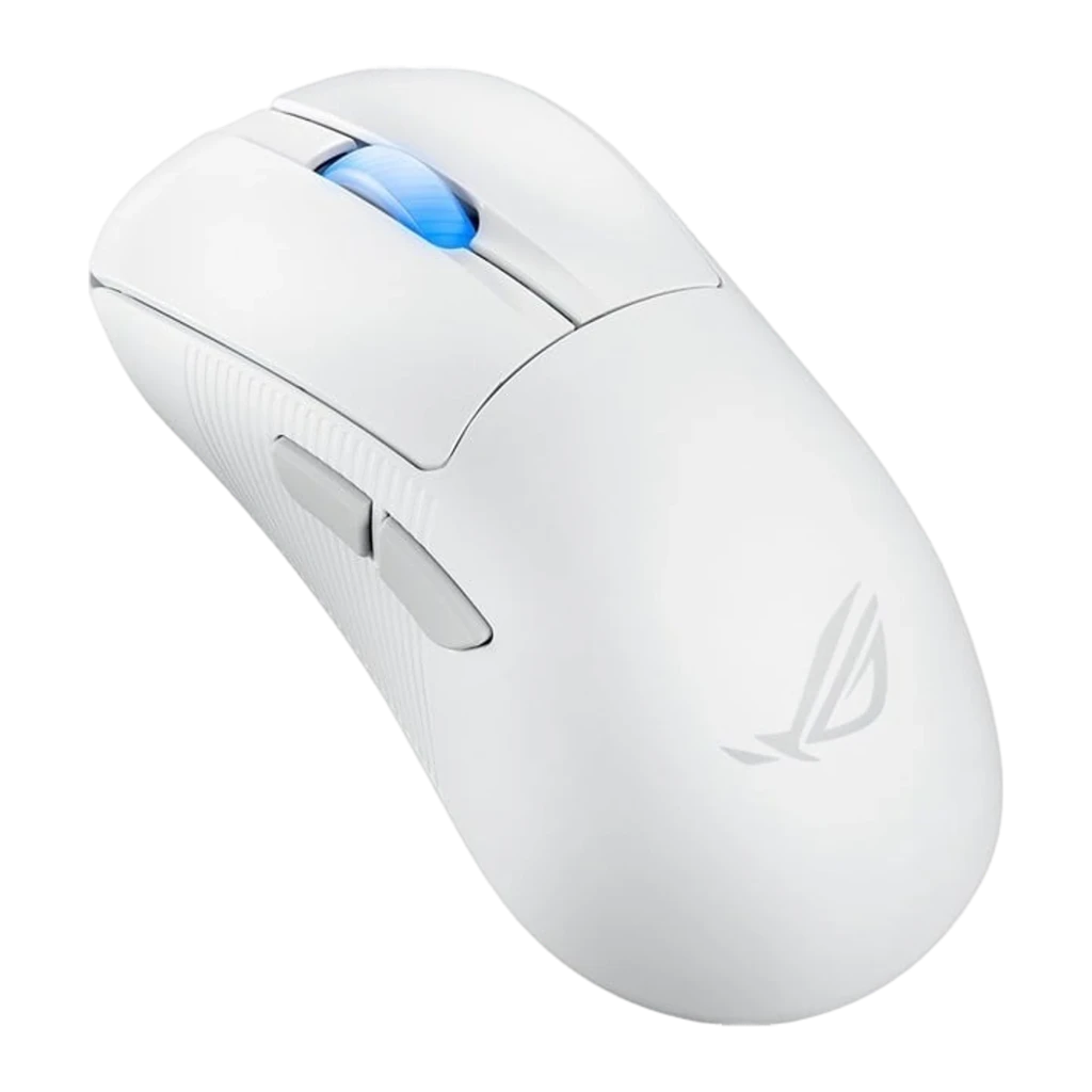 ASUS ROG Keris II Ace Wireless Blanc, vue du dessus: molette éclairée en bleu et logo ROG sur corps blanc - Ítem1