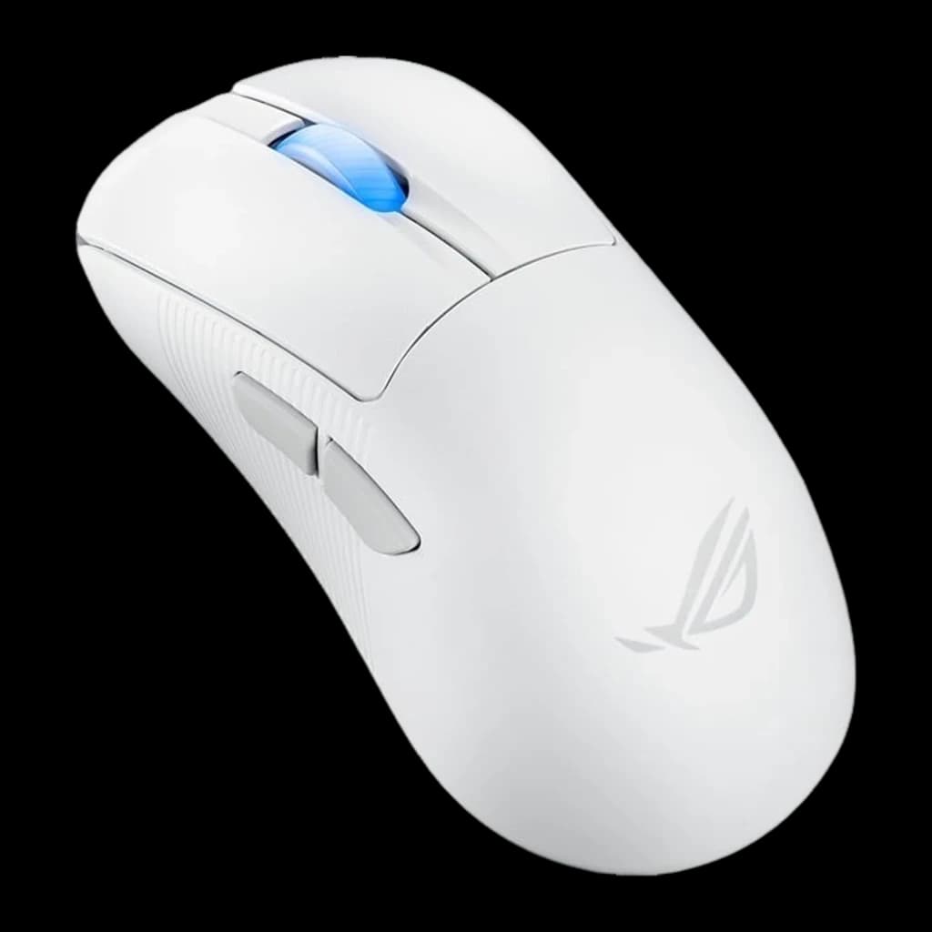 ASUS ROG Keris II Ace Wireless blanc, perspective gauche: texture latérale striée et boutons latéraux visibles