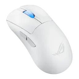 ASUS ROG Keris II Ace Wireless blanc, perspective gauche: texture latérale striée et boutons latéraux visibles