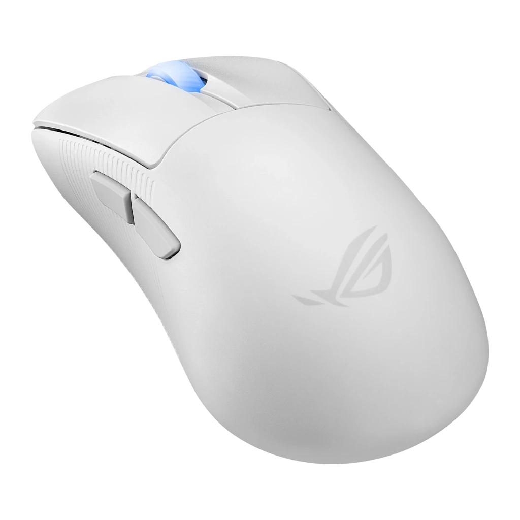 ASUS ROG Keris II Ace Wireless Blanc, vue du dessus: molette éclairée en bleu et logo ROG sur corps blanc - Ítem2