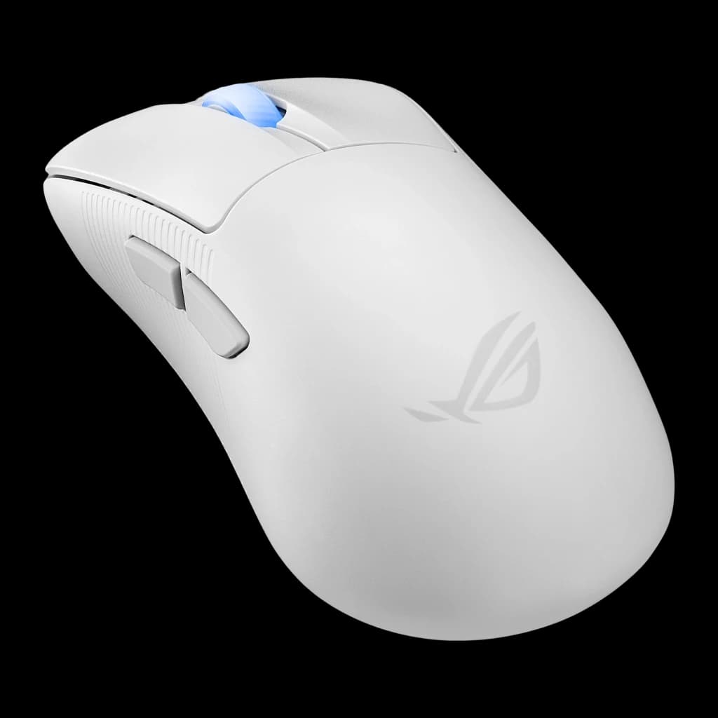 ASUS ROG Keris II Ace Wireless blanc, perspective droite: logo ROG sur le flanc et surface mate mise en valeur