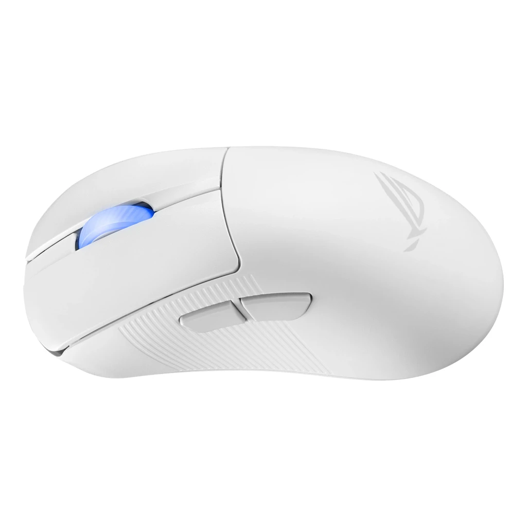 ASUS ROG Keris II Ace Wireless Blanc, vue du dessus: molette éclairée en bleu et logo ROG sur corps blanc - Ítem4