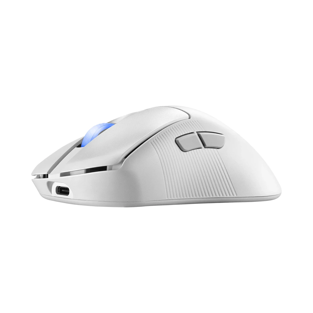 ASUS ROG Keris II Ace Wireless Blanc, vue du dessus: molette éclairée en bleu et logo ROG sur corps blanc - Ítem6