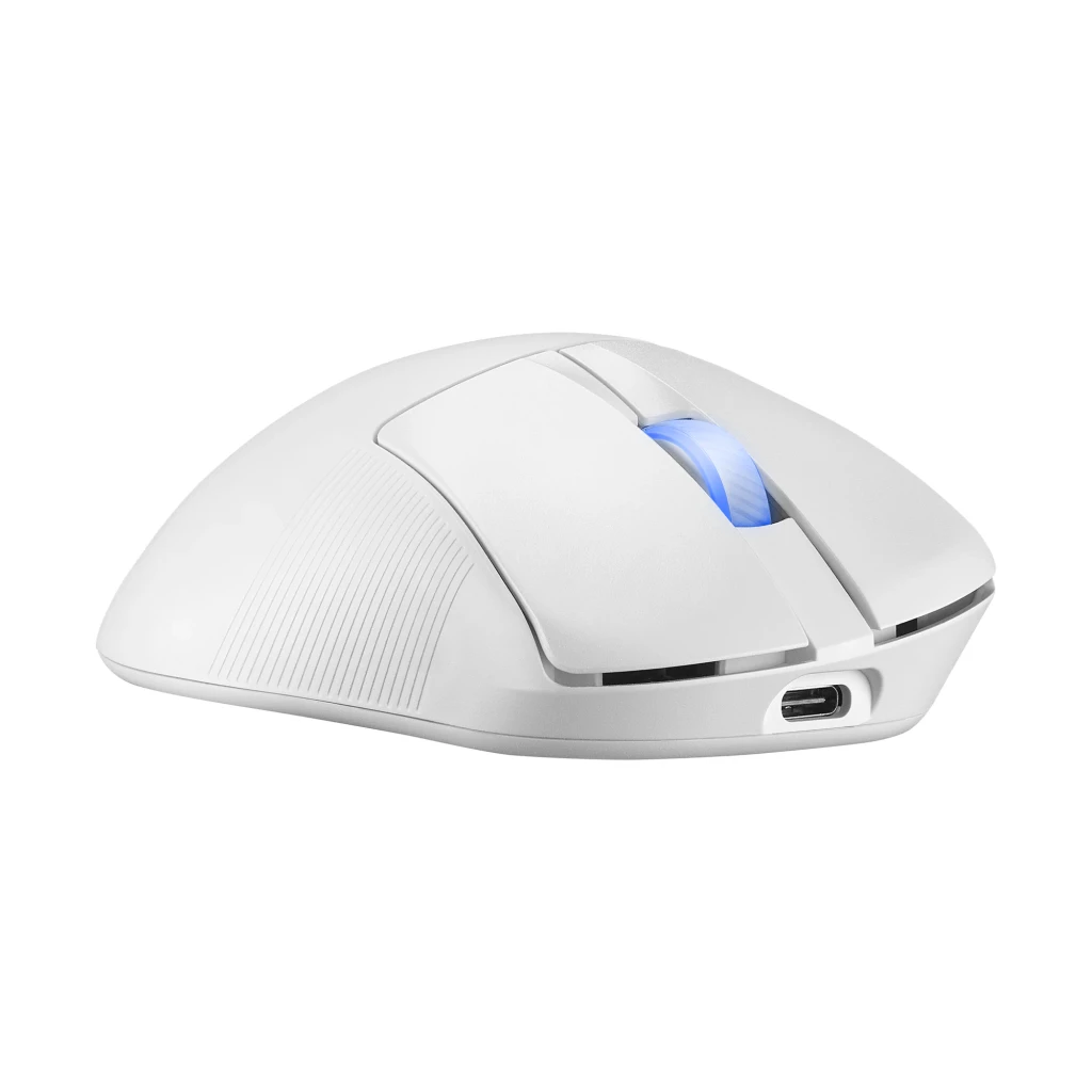 ASUS ROG Keris II Ace Wireless Blanc, vue du dessus: molette éclairée en bleu et logo ROG sur corps blanc - Ítem5