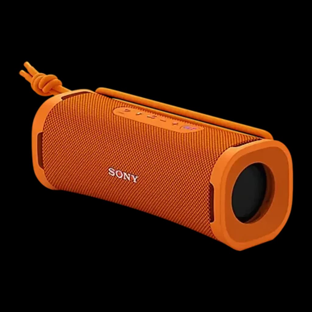 Sony Altavoz Bluetooth ULT FIELD 7 naranja, vista lateral en ángulo: rejilla textil, woofer lateral, botones superiores