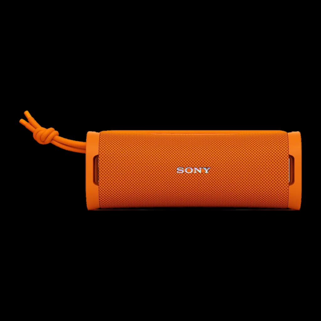 Sony Altavoz Bluetooth ULT FIELD 7 naranja, vista frontal: cuerpo cilíndrico con rejilla textil, logo Sony y cordón naranja