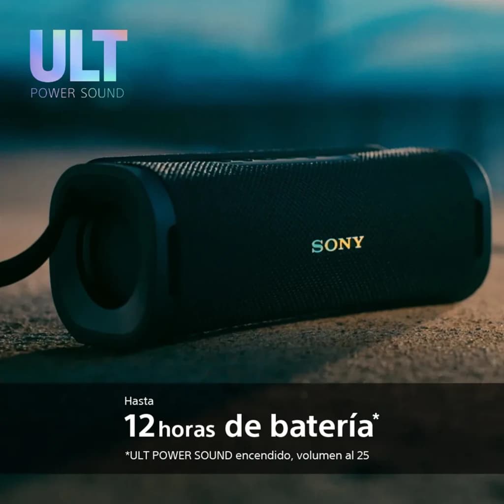 Sony Altavoz Bluetooth ULT FIELD 7 negro, vista lateral: altavoz sobre superficie con texto 12 horas de batería