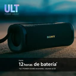 Sony Altavoz Bluetooth ULT FIELD 7 negro, vista lateral: altavoz sobre superficie con texto 12 horas de batería