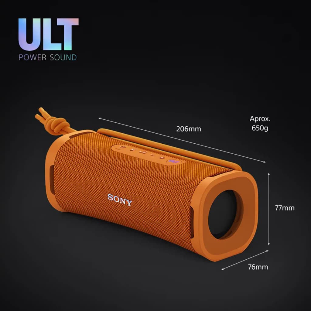 Sony Altavoz Bluetooth ULT FIELD 7 naranja, vista lateral con dimensiones: 206x76x77mm, 650g, rejilla textil y pasador