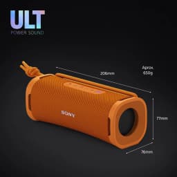 Sony Altavoz Bluetooth ULT FIELD 7 naranja, vista lateral con dimensiones: 206x76x77mm, 650g, rejilla textil y pasador