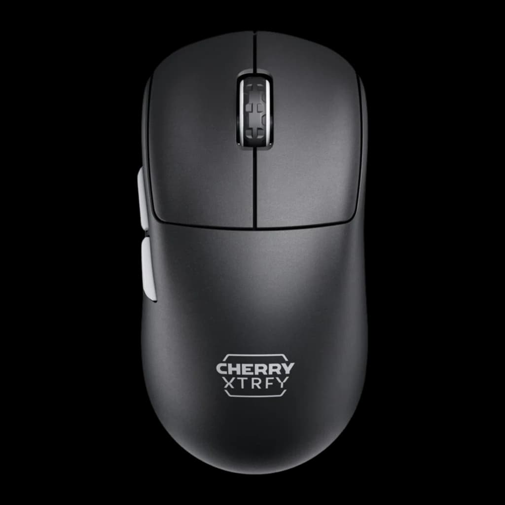 Cherry Xtrfy M68 Pro Wireless negro, vista superior: rueda metálica, botones laterales blancos y logo Cherry Xtrfy