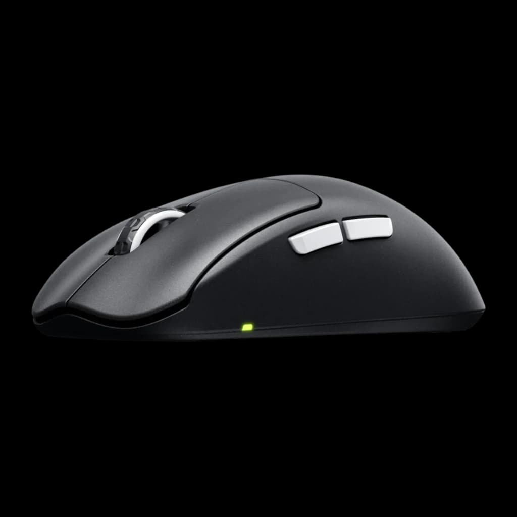 Cherry Xtrfy M68 Pro Wireless negro, vista lateral: dos botones blancos en el flanco y LED verde en la base