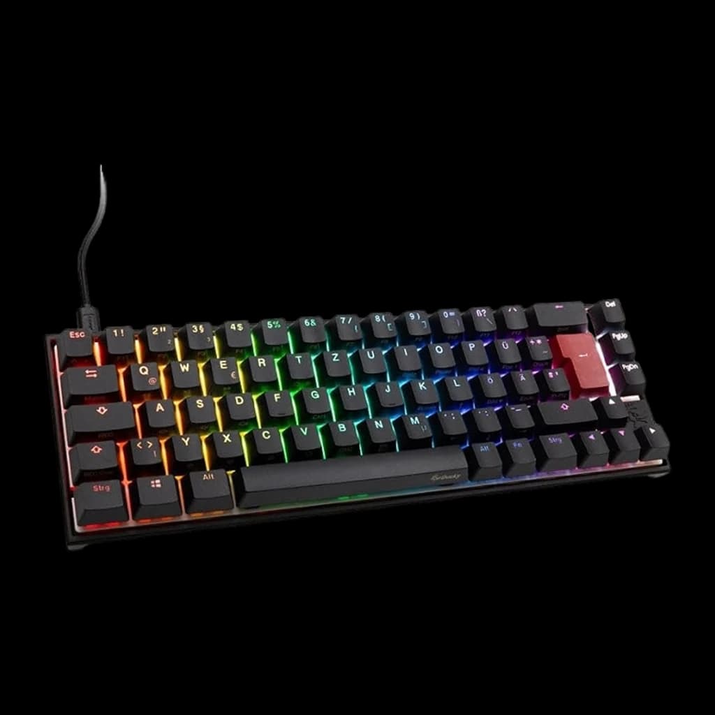 Ducky Mecha Pro SF RGB MX Blue noir, vue en angle: câble USB, RGB multicolore et touche Entrée rouge mise en avant