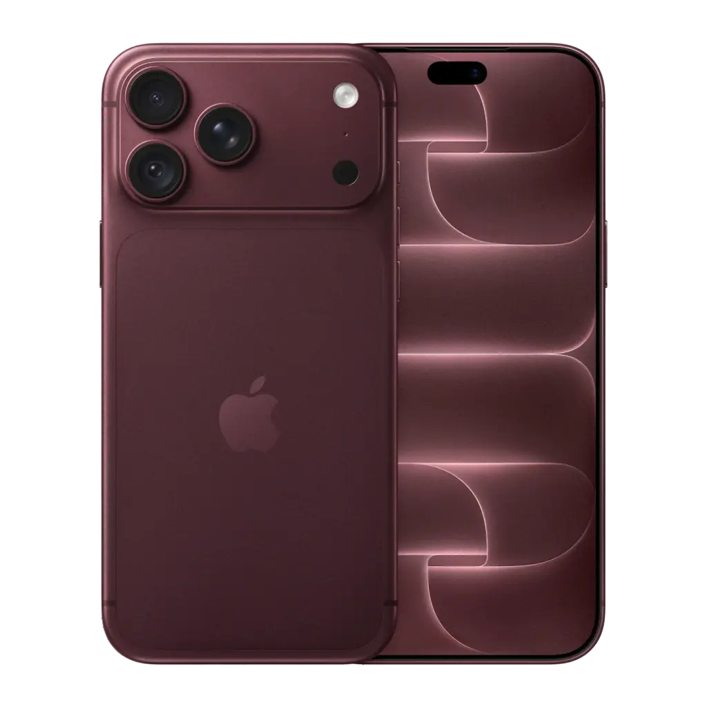 iPhone 18 Pro Max 256 Go bordeaux, triple capteur arrière proéminent, écran OLED Super Retina XDR 6,9 pouces aux bords fins et reflets rosés
