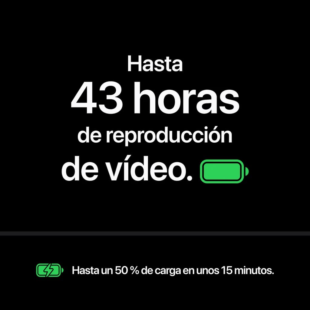 iPhone 18 Pro Max 512GB negro con chip A20 Pro y Siri AI; destaca 43 horas de reproducción de video y carga rápida al 50% en 15 minutos, icono de batería