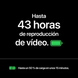iPhone 18 Pro Max 256GB Plata con pantalla negra y texto destacando 43 horas de reproducción de video y carga rápida al 50 por ciento en 15 minutos