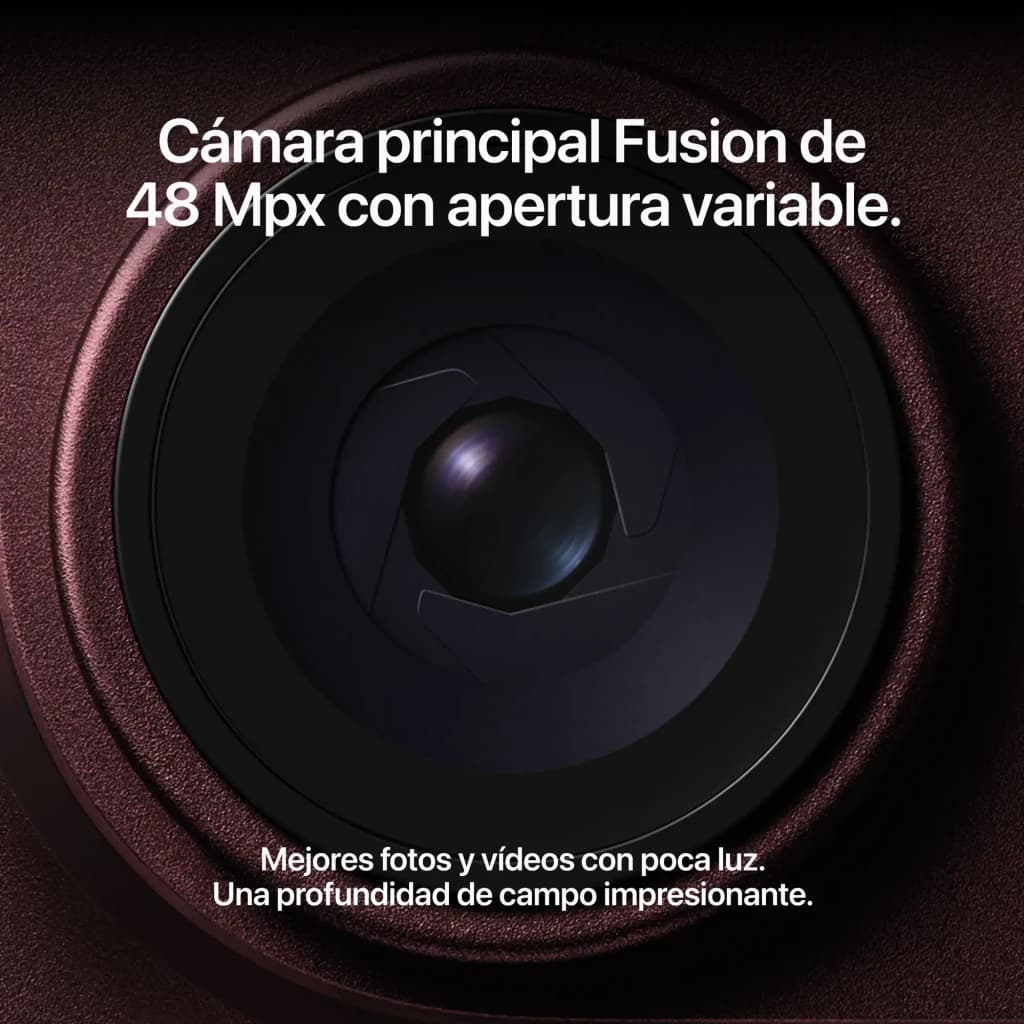 iPhone 18 Pro Max 512GB Negro con cámara principal Fusion 48 Mpx y apertura variable; detalle del lente para mejores fotos y videos en poca luz