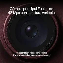 Lente de cámara 48 Mpx con apertura variable en acabado plata; detalle macro nítido del módulo trasero del iPhone 18 Pro Max 256GB, ideal en poca luz