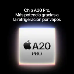 Chip A20 Pro plateado con logo de Apple al centro, borde iluminado multicolor y texto Más potencia gracias a la refrigeración por vapor en fondo negro