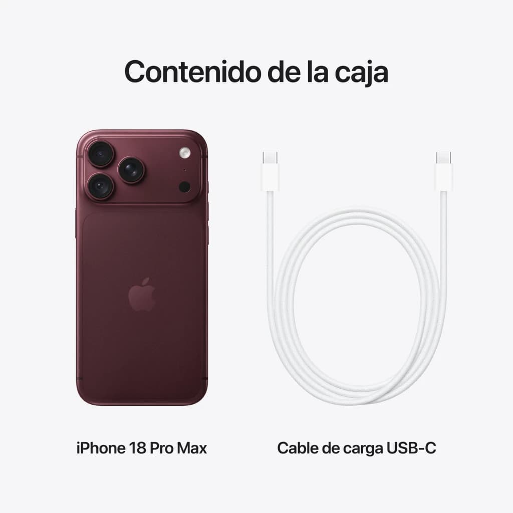 iPhone 18 Pro Max 512GB negro con triple cámara trasera y flash, acabado mate premium; incluye cable de carga USB‑C blanco