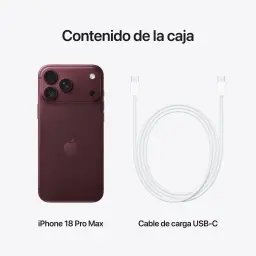 iPhone 18 Pro Max plata con triple cámara trasera y módulo grande; incluye cable de carga USB-C blanco. Acabado premium y diseño minimalista.