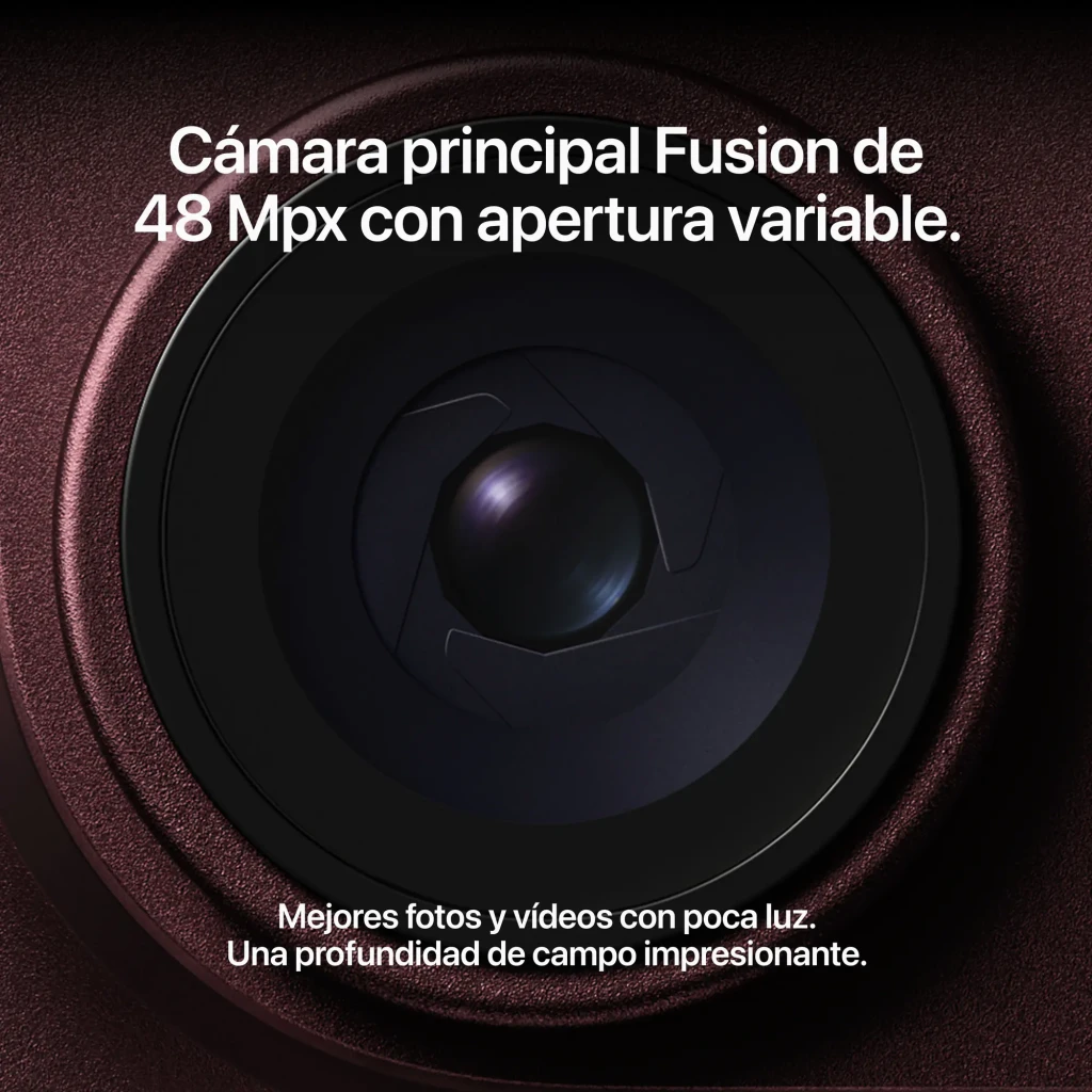 iPhone 18 Pro 256GB negro con cámara principal Fusion de 48 Mpx y apertura variable, lente grande en primer plano para fotos nítidas en baja luz