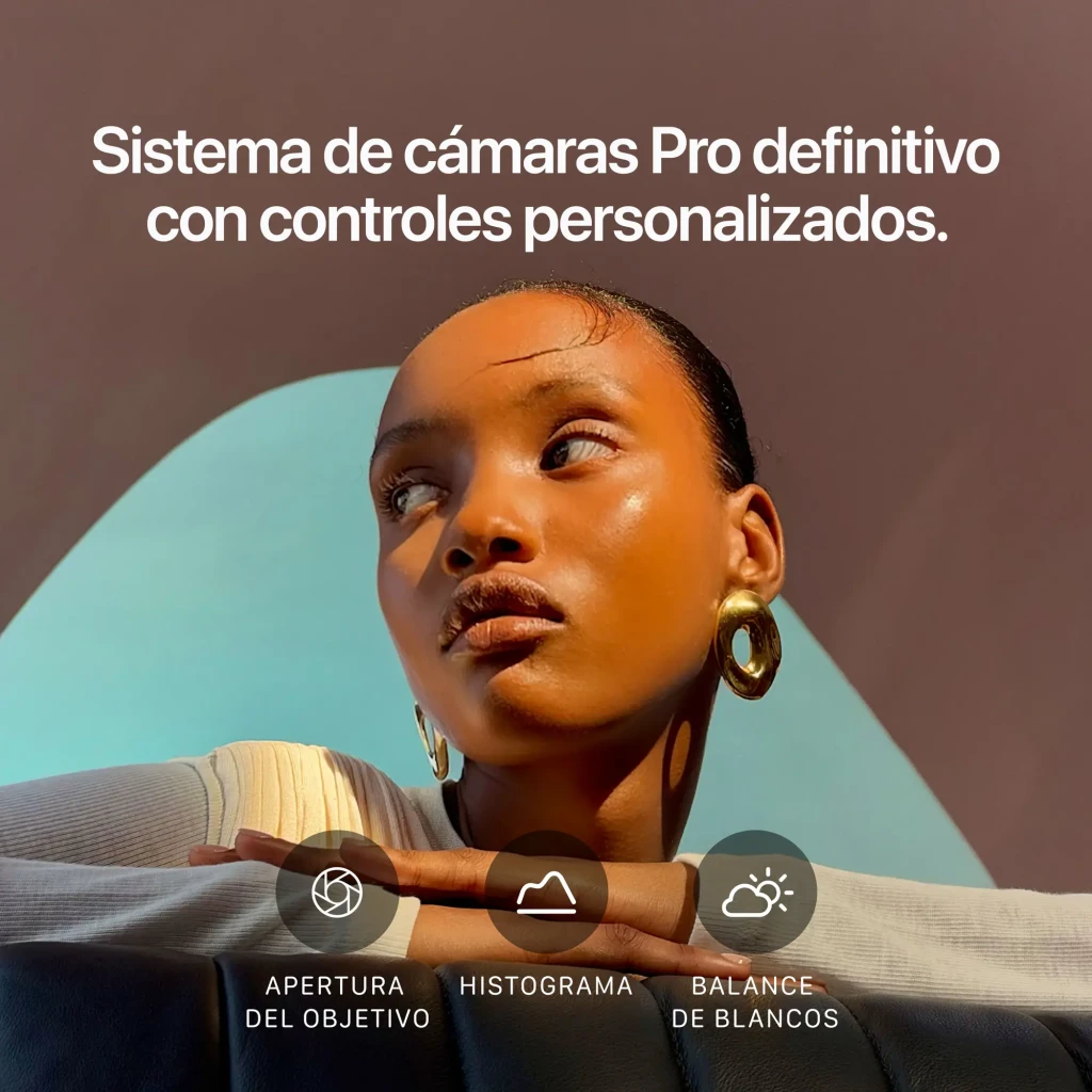 iPhone 18 Pro 256GB negro con pantalla OLED 6,3 pulgadas 120Hz; destaca cámara Pro con controles personalizados y ajustes de apertura, histograma y balance de