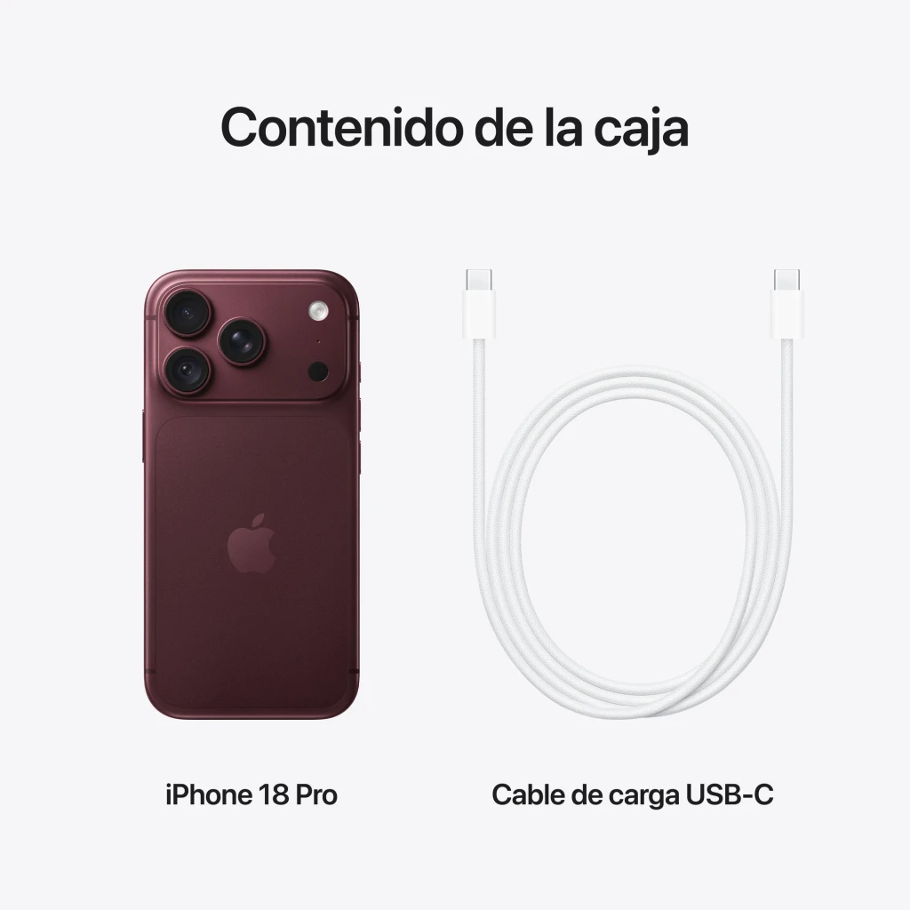 iPhone 18 Pro 256GB negro con triple cámara trasera y pantalla 6,3 pulgadas OLED 120Hz junto a cable de carga USB-C blanco