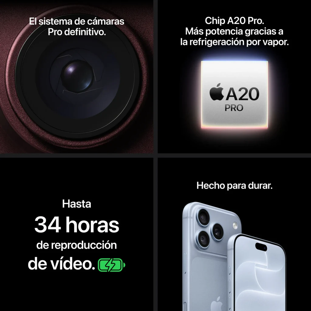 iPhone 18 Pro 256GB negro con pantalla OLED 6,3 pulgadas 120Hz, triple cámara Pro, chip A20 Pro con refrigeración por vapor y hasta 34 h de video