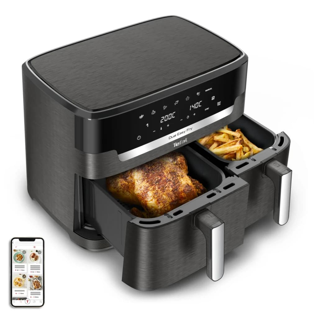 Tefal Doppel-Heißluft-Fritteuse, rechteckig, Display, Touch-Funktion, 11 l Fassungsvermögen, minimal gris - capacidad total =