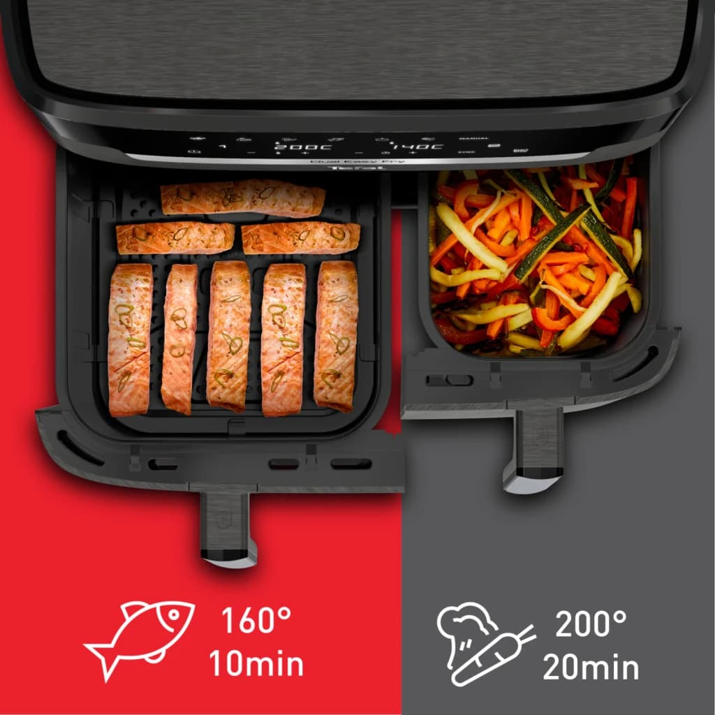 Tefal Doppel-Heißluft-Fritteuse, rechteckig, Display, Touch-Funktion, 11 l Fassungsvermögen, minimal gris - control táctil